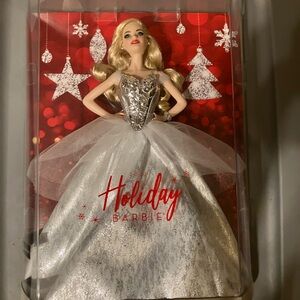 SOLD // 2021 Holiday Barbie H 13in W 10 1/2 inch B 3 1/2 inches